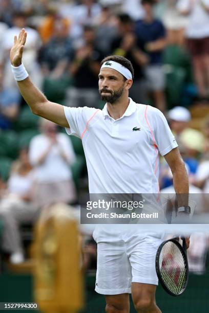 Grigor Dimitrov of Bulgaria celebrates winning match point against Frances Tiafoe of United States in the Men's Singles third round match during day...