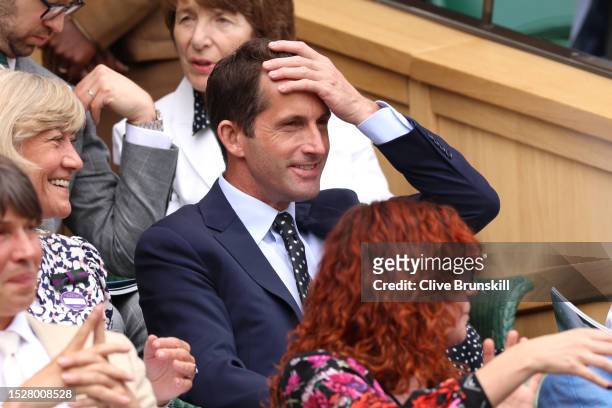 Sailor, Ben Ainslie reacts from the Royal Box prior to the Men's Singles fourth round match between Andrey Rublev and Alexander Bublik of Kazakhstan...
