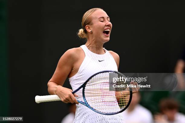 Anastasia Potapova celebrates against Mirra Andreeva in the Women's Singles third round match during day seven of The Championships Wimbledon 2023 at...