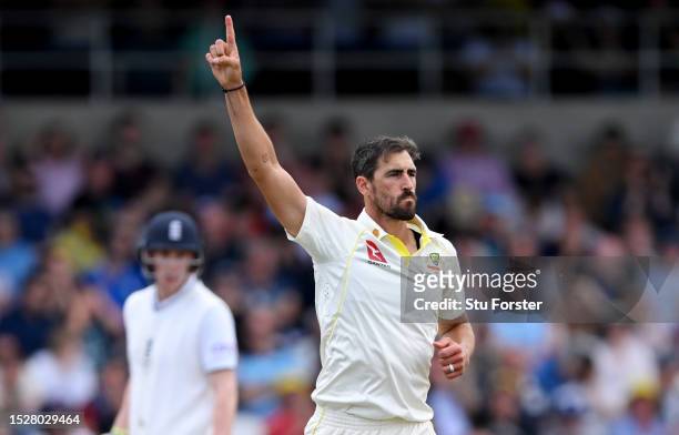 Mitchell Starc of Australia celebrates bowling Jonathan Bairstow of England during Day Four of the LV= Insurance Ashes 3rd Test Match between England...