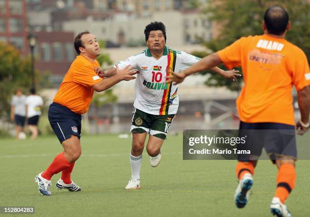 President of Bolivia Evo Morales plays in a friendly soccer match against U.N. Officials during the 67th session of the United Nations General...