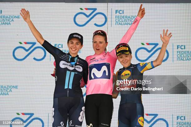 Juliette Labous of France and Team DSM-Firmenich on second place, overall race winner Annemiek Van Vleuten of The Netherlands and Movistar Team -...