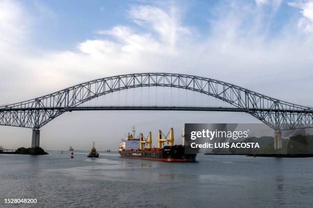 Ship navigates the Panama Canal in the area of the Americas' Bridge in Panama City on June 12, 2023.