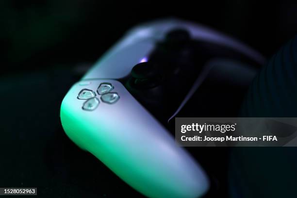 Detail view of a PS5 controller during the Semi Final match between Napoli eSports and Team FUTWIZ Europe in the FIFAe Club World Cup 2023 on July...