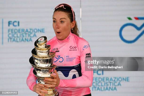 Overall race winner Annemiek Van Vleuten of The Netherlands and Movistar Team - Pink Leader Jersey celebrates at podium after the 34th Giro d'Italia...