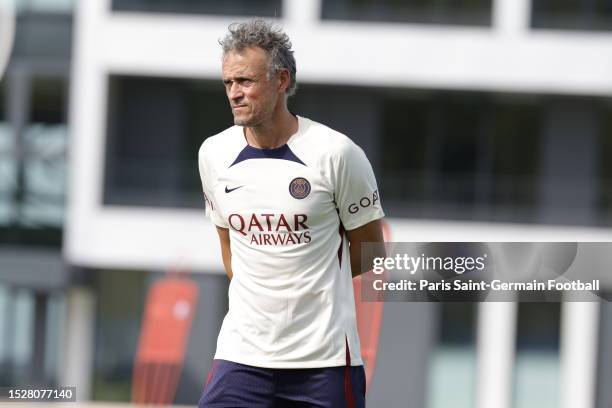 Paris Saint-Germain coach Luis Enrique takes a team training session at the PSG training center on July 12, 2023 in Poissy, France.