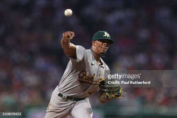 Luis Medina of the Oakland Athletics delivers a pitch during the sixth inning against the Boston Red Sox at Fenway Park on July 07, 2023 in Boston,...
