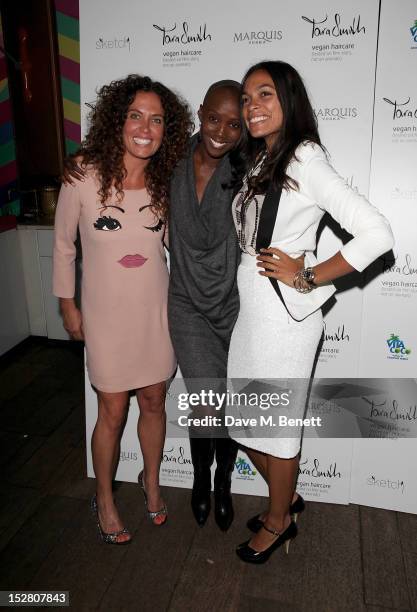 Tara Smith, Tiffany Pearsons and Rosario Dawson attend a party celebrating the UK launch of Tara Smith Vegan Haircare at Sketch on September 26, 2012...