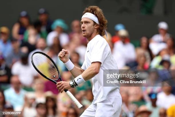 Andrey Rublev celebrates against Alexander Bublik of Kazakhstan in the Men's Singles fourth round match during day seven of The Championships...