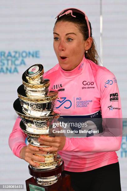 Overall race winner Annemiek Van Vleuten of The Netherlands and Movistar Team - Pink Leader Jersey celebrates at podium after the 34th Giro d'Italia...