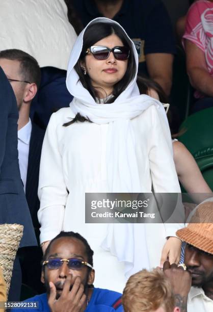 Malala Yousafzai attends day seven of the Wimbledon Tennis Championships at the All England Lawn Tennis and Croquet Club on July 09, 2023 in London,...