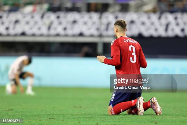 Juan Pablo Vargas of Costa Rica react and pray prior to the quarterfinal match between Mexico and Costa Rica as part of 2023 CONCACAF Gold Cup at...
