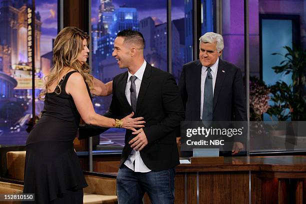 Episode 4323 -- Pictured: Actress Kirstie Alley greets Jersey Shores Mike "The Situation" Sorrentino during an interview with host Jay Leno on...