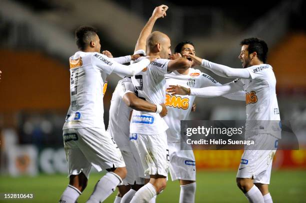 Bruno Rodrigo of Santos celebrates a scored goal during a match between Santos and Universidad de Chile as part of the Recopa Sudamericana 2012 at...