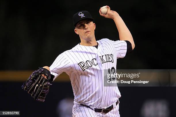 Starting pitcher Drew Pomeranz of the Colorado Rockies delivers against the Chicago Cubs at Coors Field on September 26, 2012 in Denver, Colorado.