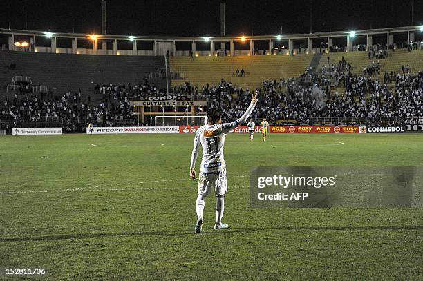 Neymar of Brazil's Santos enters to the field after their Recopa Sudamericana 2012 final football match victory against Universidad de Chile at...