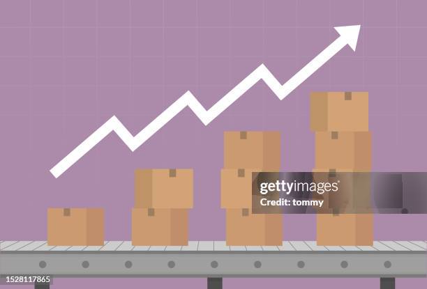 conveyor belt with upward trend arrow for supply chain concept, streamlining logistics and delivery for global commerce - supply and demand stock illustrations