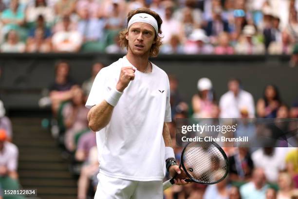 Andrey Rublev celebrates against Alexander Bublik of Kazakhstan in the Men's Singles fourth round match during day seven of The Championships...