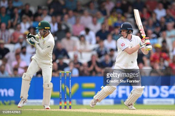 Harry Brook of England bats watched by Australia wicketkeeper Alex Carey during Day Four of the LV= Insurance Ashes 3rd Test Match between England...