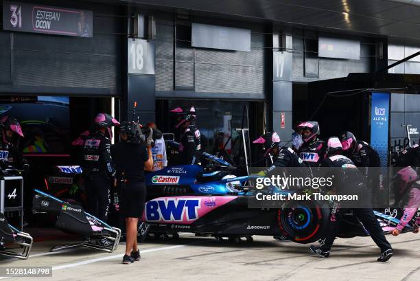 Esteban Ocon of France driving the Alpine F1 A523 Renault retires from the race during the F1 Grand Prix of Great Britain at Silverstone Circuit on...