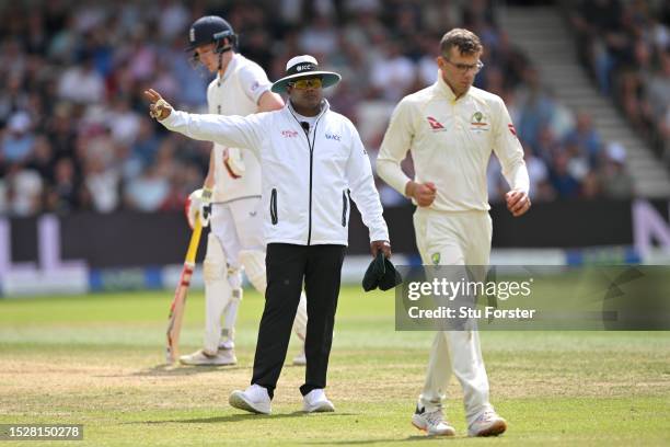 Umpire Nitin Menon signals after Australian spinner Todd Murphy bowls a no ball during Day Four of the LV= Insurance Ashes 3rd Test Match between...