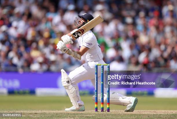 Mark Wood of England hits out for six runs during Day Four of the LV= Insurance Ashes 3rd Test Match between England and Australia at Headingley on...