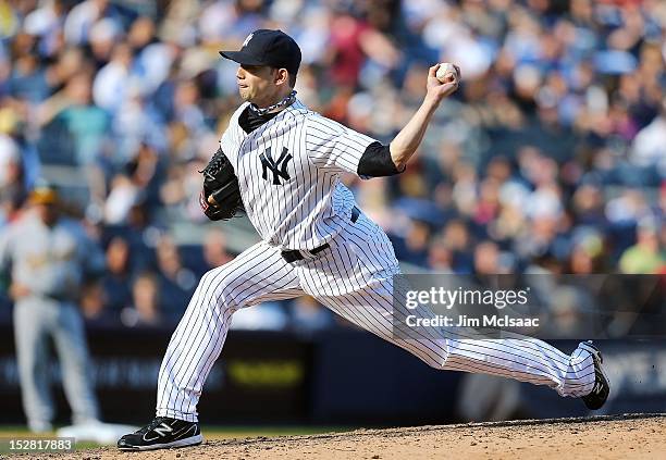 Clay Rapada of the New York Yankees in action against the Oakland Athletics at Yankee Stadium on September 23, 2012 in the Bronx borough of New York...