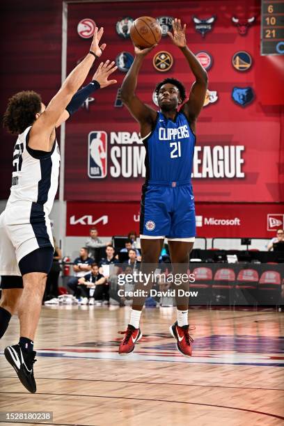 Kobe Brown of the LA Clippers shoots a three point basket during the 2023 NBA Las Vegas Summer League on July 12, 2023 at the Cox Pavilion in Las...