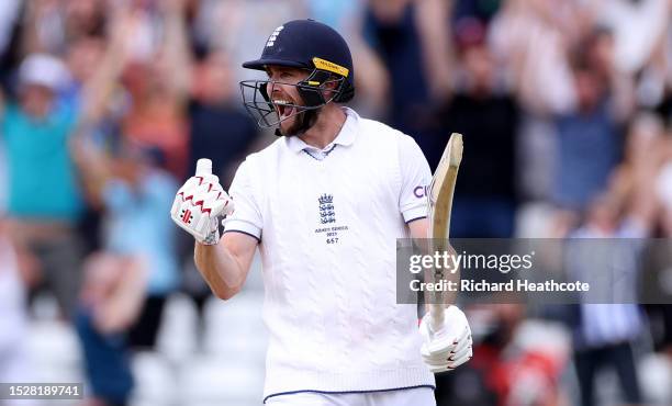 Chris Woakes of England celebrates hitting the winning runs to win the LV= Insurance Ashes 3rd Test Match between England and Australia at Headingley...