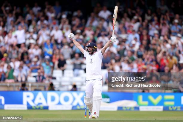 Chris Woakes of England celebrates hitting the winning runs to win the LV= Insurance Ashes 3rd Test Match between England and Australia at Headingley...