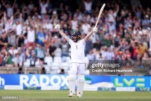 Chris Woakes of England celebrates hitting the winning runs to win the LV= Insurance Ashes 3rd Test Match between England and Australia at Headingley...