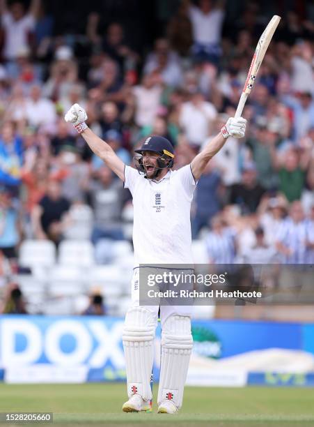 Chris Woakes of England celebrates hitting the winning runs to win the LV= Insurance Ashes 3rd Test Match between England and Australia at Headingley...