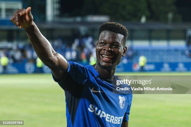 David Kiki of Farul Constanta celebrates winning after the match between Farul Constanta and Sheriff Tiraspol in UEFA Champions League First...