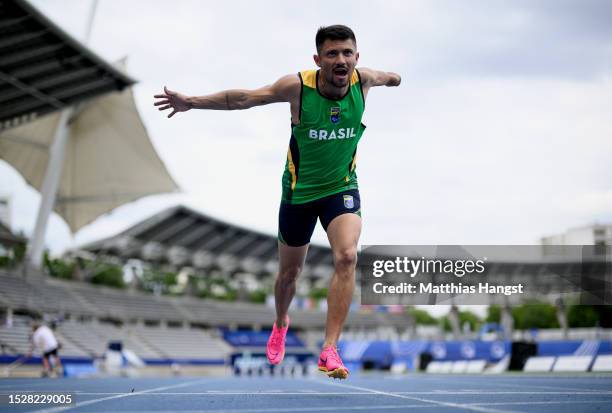 Petrucio Ferreira dos Santos of Brazil poses during a filming session in the break of day two of the Para Athletics World Championships Paris 2023 at...