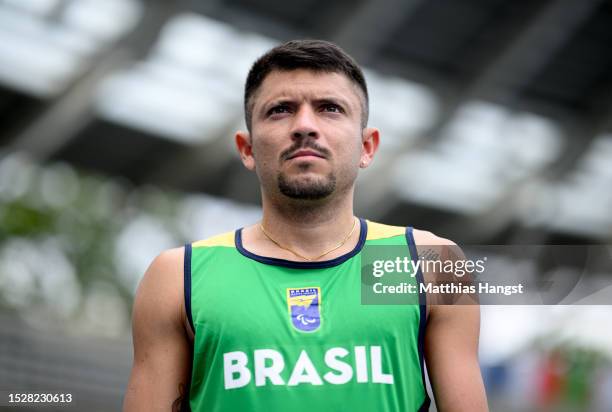 Petrucio Ferreira dos Santos of Brazil poses during a filming session in the break of day two of the Para Athletics World Championships Paris 2023 at...