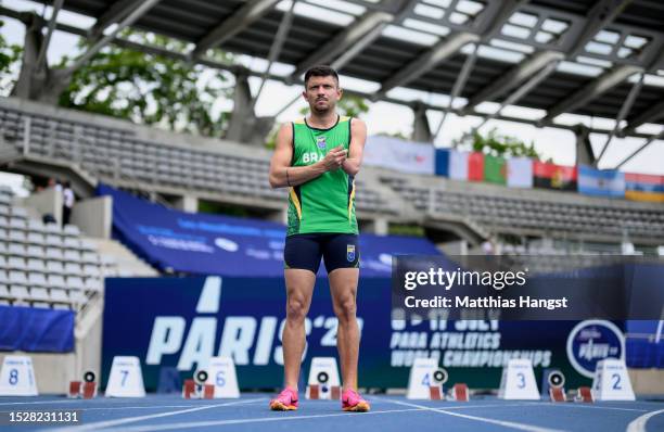 Petrucio Ferreira dos Santos of Brazil poses during a filming session in the break of day two of the Para Athletics World Championships Paris 2023 at...