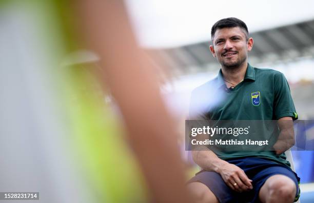 Petrucio Ferreira dos Santos of Brazil poses during a filming session in the break of day two of the Para Athletics World Championships Paris 2023 at...