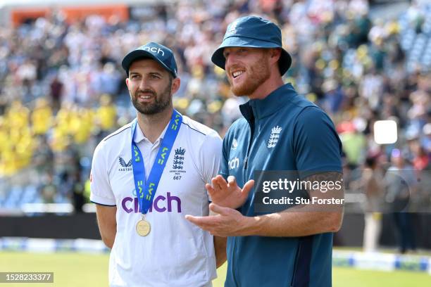 England captain Ben Stokes speaks with man of the match Mark Wood at the presentations after winning the LV= Insurance Ashes 3rd Test Match between...