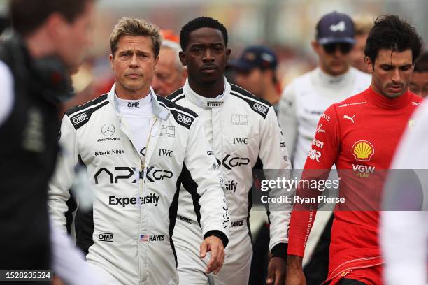 Brad Pitt, star of the upcoming Formula One based movie, Apex, and Damson Idris, co-star of the upcoming Formula One based movie, Apex, walk on the...