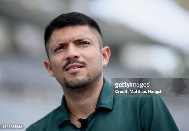 Petrucio Ferreira dos Santos of Brazil poses during a filming session in the break of day two of the Para Athletics World Championships Paris 2023 at...