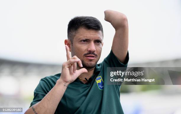 Petrucio Ferreira dos Santos of Brazil poses during a filming session in the break of day two of the Para Athletics World Championships Paris 2023 at...