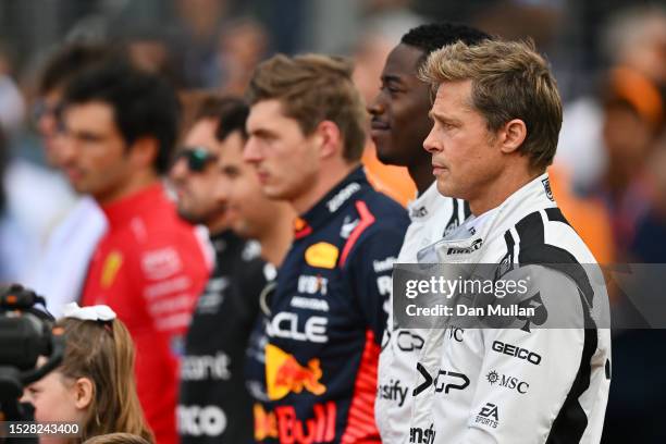 Brad Pitt, star of the upcoming Formula One based movie, Apex, and Damson Idris, co-star of the upcoming Formula One based movie, Apex, stand for thr...