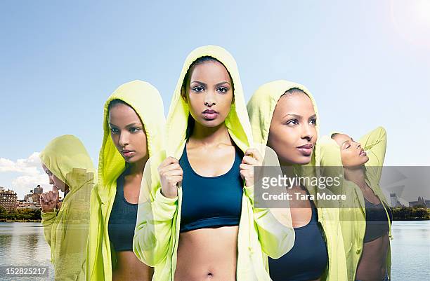 multiple image of sports woman in city - multiple images of the same woman stock pictures, royalty-free photos & images