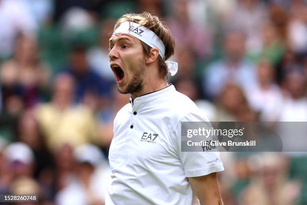 Alexander Bublik of Kazakhstan celebrates against Andrey Rublev in the Men's Singles fourth round match during day seven of The Championships...