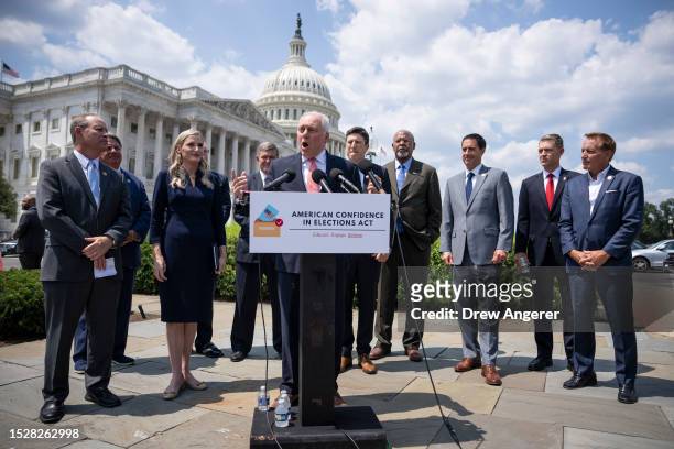 At center, House Majority Leader Rep. Steve Scalise speaks during a news conference about the American Confidence in Elections Act at the U.S....