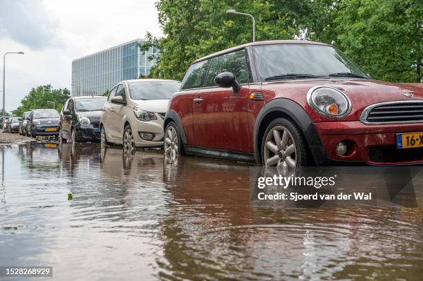 Flooded street in the city center of Zwolle in Overijssel after heavy rainfall during a summer thunderstorm on July 9, 2023 in Zwolle, The...