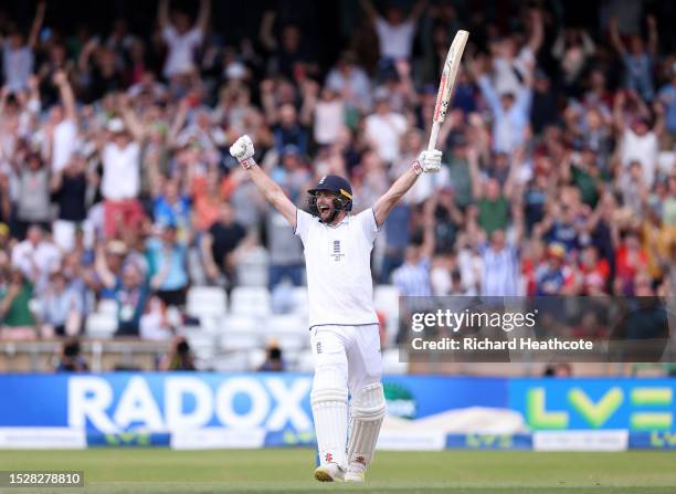 Chris Woakes of England celebrates hitting the winning runs to win the LV= Insurance Ashes 3rd Test Match between England and Australia at Headingley...