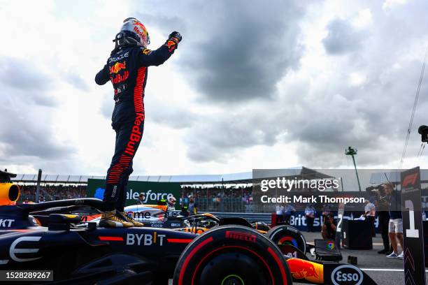 Race winner Max Verstappen of the Netherlands and Oracle Red Bull Racing celebrates in parc ferme during the F1 Grand Prix of Great Britain at...