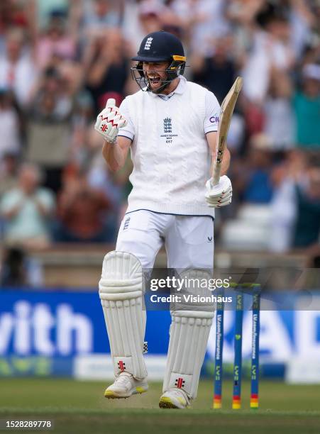 Chris Woakes of England celebrates hitting the winning runs to win the LV= Insurance Ashes 3rd Test Match between England and Australia at Headingley...