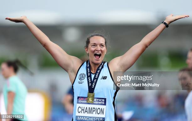 Jade Lally of Thames Valley celebrates after winning the Women's Discus Throw during Day Two of the UK Athletics Championships at Manchester Regional...